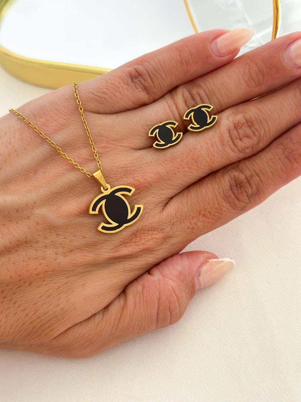 Conjunto Aço Inox Chanel Preto Dourado 