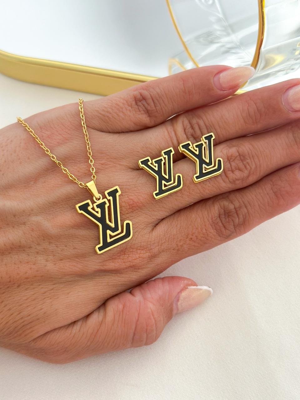 Conjunto Aço Inox Louis Vuitton Resinado Preto Dourado 